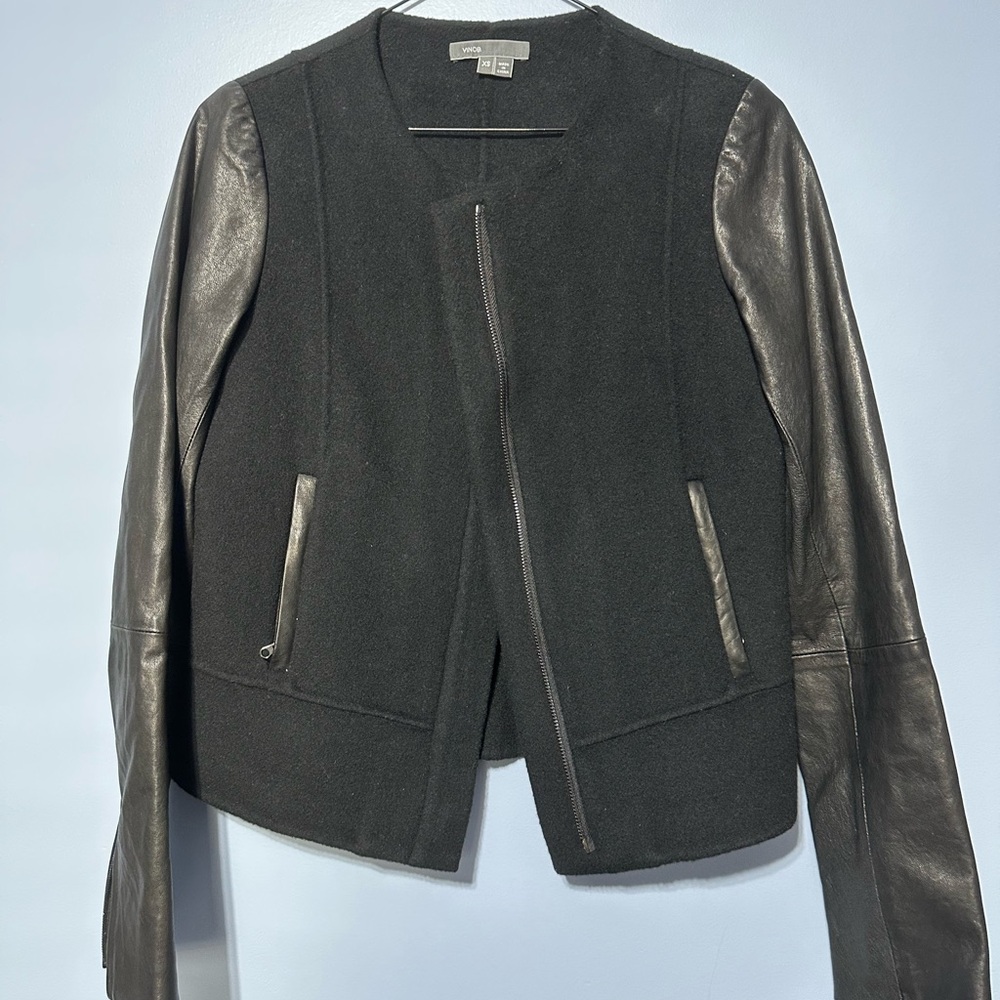 Vince Black wool Blazer with genuine Leather Sleeves moto motorcycle classic